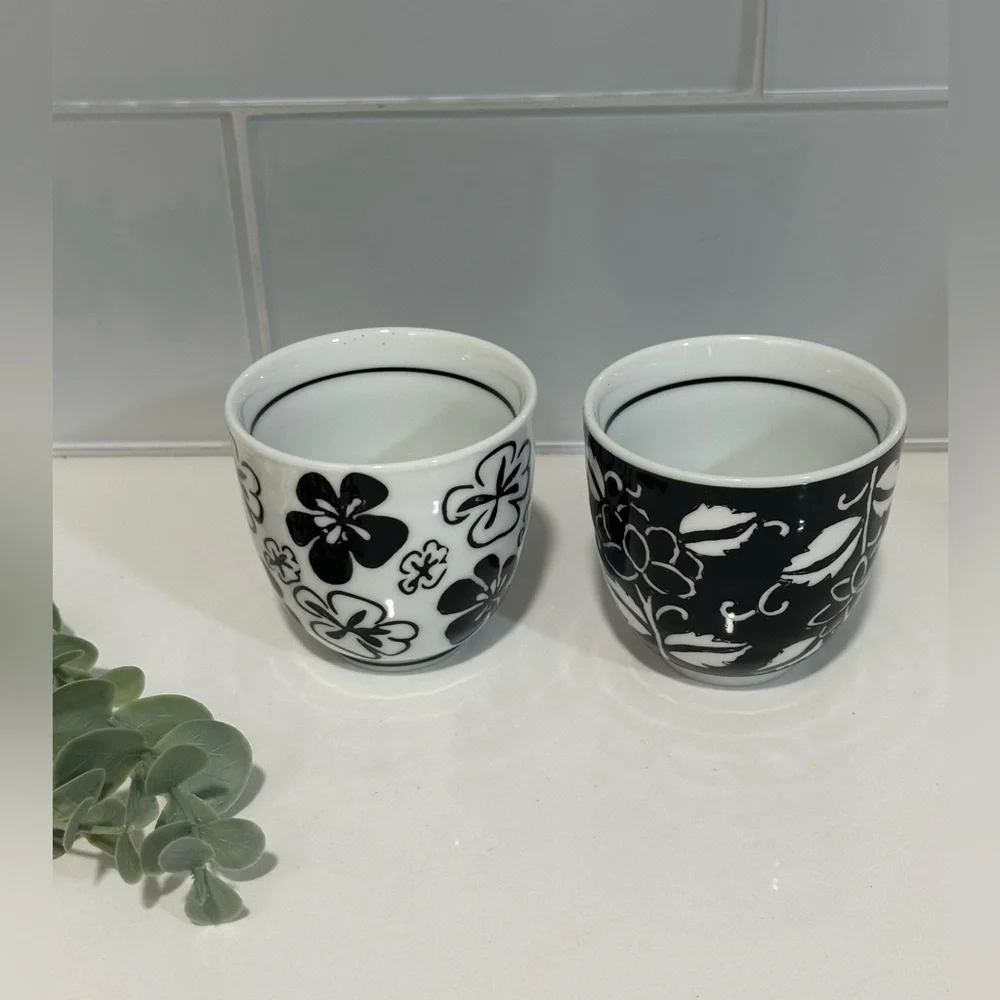 Pier 1 Imports Akina sake or tea cups Black And White Floral Cups Set Of 2